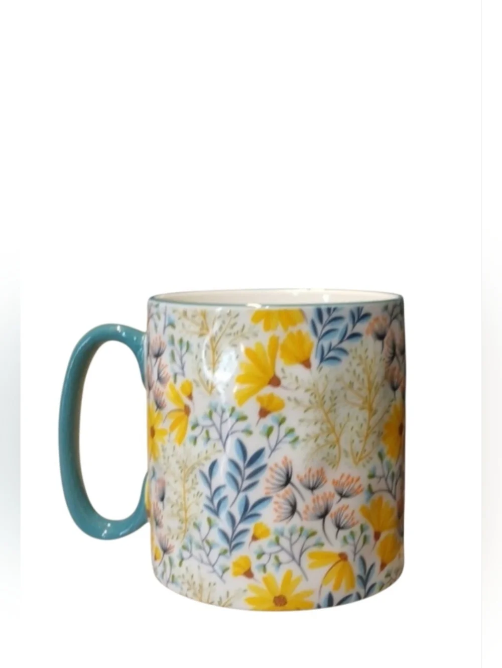 Floral Ceramic Coffee Mug with Teal Handle - Yellow Flower Pattern